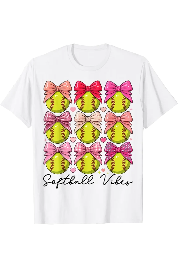 Softball Vibes Softball Coquette Bow Game Day Girls Women T-Shirt