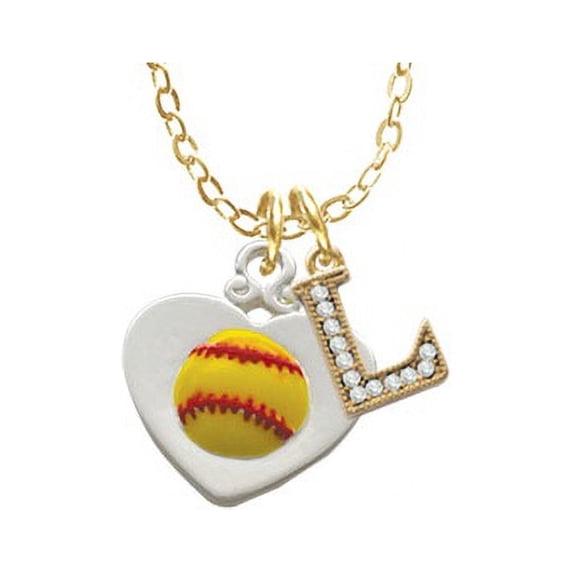 Softball in Heart - L - Gold Tone Crystal Initial Sophia Necklace, 18"+1"