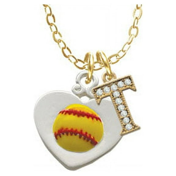 Softball in Heart - T - Gold Tone Crystal Initial Sophia Necklace, 18"+1"