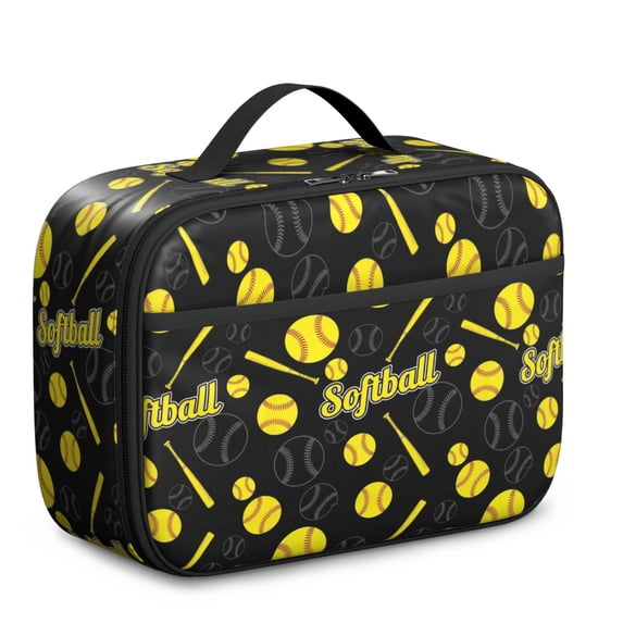 Softballs and Text Black Pattern Insulated Lunch Bag Teens,Bento School Lunch Bag for Teens for Work,Picnic or Travel 10.6x7.7x4.3 Inches,12 Can Capacity