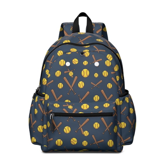 Softballs and Bats Black Pattern Cute School Backpack with Padded Back and Adjustable Shoulder Straps 13.4"x11"x4.7"