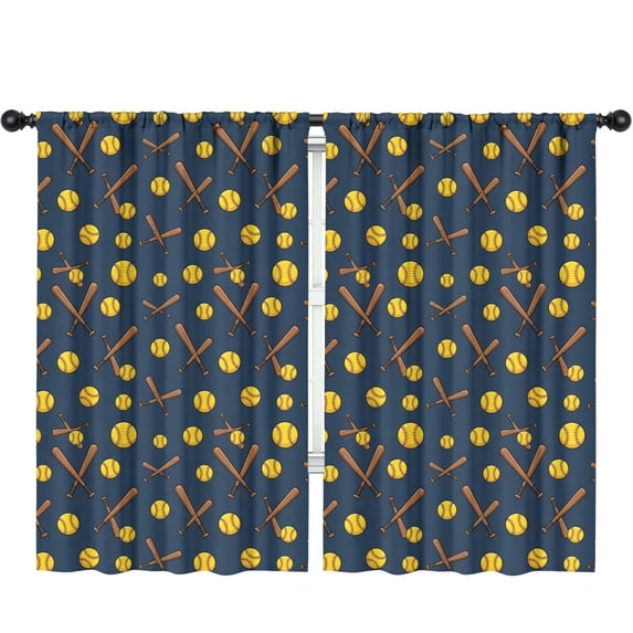 Softballs and Bats Black Pattern Insulated Teens Curtains Set Of 2, Bedroom Essentials, Toddler Room Decor 52"x84"