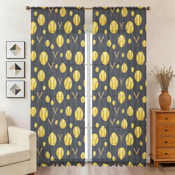 Softballs and Bats Black Pattern Sheer Curtains, Sheer Curtain Panels ...
