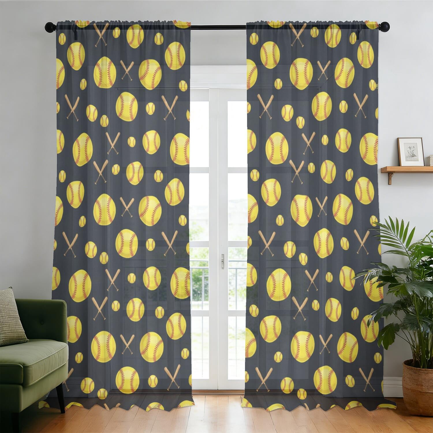 Softballs and Bats Black Pattern Sheer Curtains, Sheer Window Panels ...
