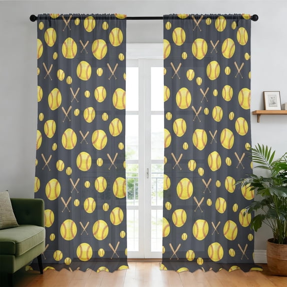 Softballs and Bats Black Pattern Sheer Curtains, Sheer Window Panels ...