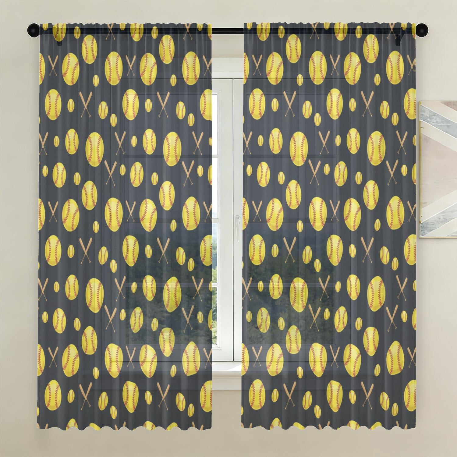 Softballs and Bats Black Pattern Sheer Curtains, Voile Drapes with Dual ...