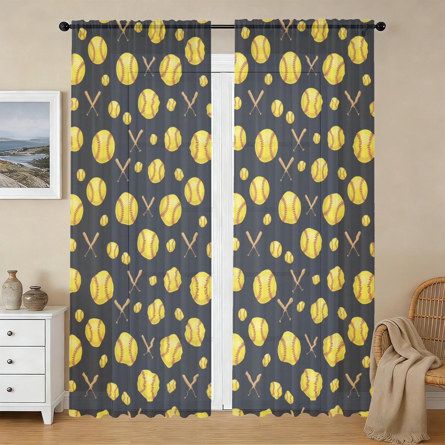 Softballs and Bats Black Pattern Sheer Curtains, Voile Drapes with Dual ...