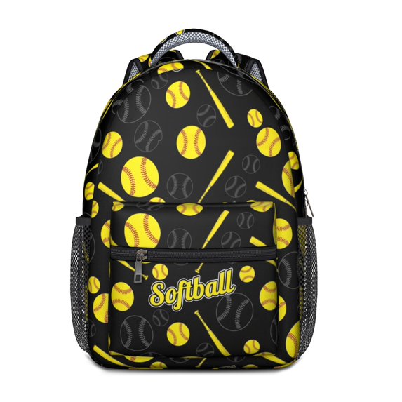 Softballs and Text Black Pattern Backpack for School, Cute School Bag with Adjustable Shoulder Straps and Padded Back, 15.3"x11"x6.7"
