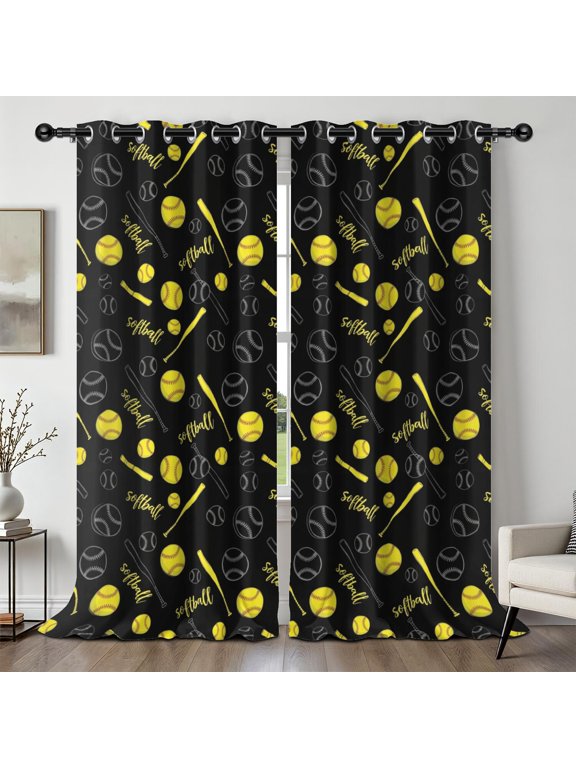 Softballs and Text Black Pattern Blackout Curtains,Triple Weaved Fabric,Thermal Insulated,Room Darkening,Grommet Top,2 Panels,52x108in(132x274cm)
