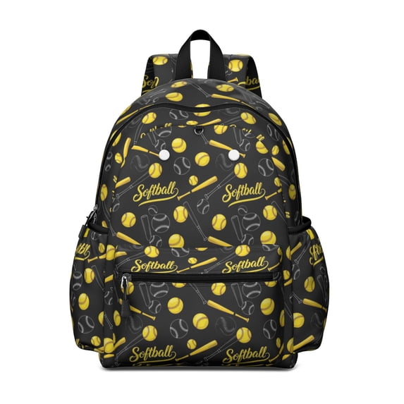 Softballs and Text Black Pattern Cute School Backpack with Padded Back and Adjustable Shoulder Straps 13.4"x11"x4.7"
