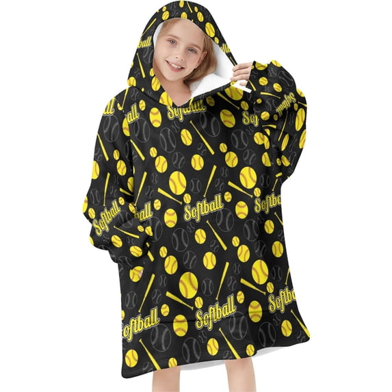Softballs and Text Black Pattern Flannel Blanket Hoodies for Teens ,Teens Oversize Sherpa Wearable Hooded Blanket Sweatshirt with Super Pockets