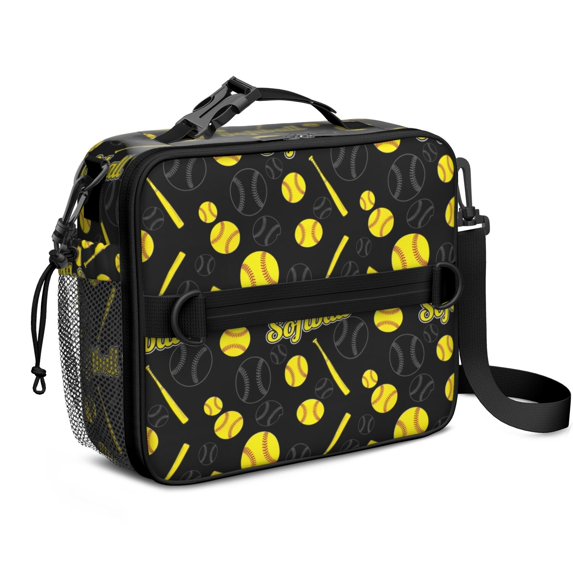 Softballs and Text Black Pattern Insulated Lunch Bag with Shoulder Strap and Bottle Holder,Bento School Lunch Bag Box,11x9.5x3.5 Inches