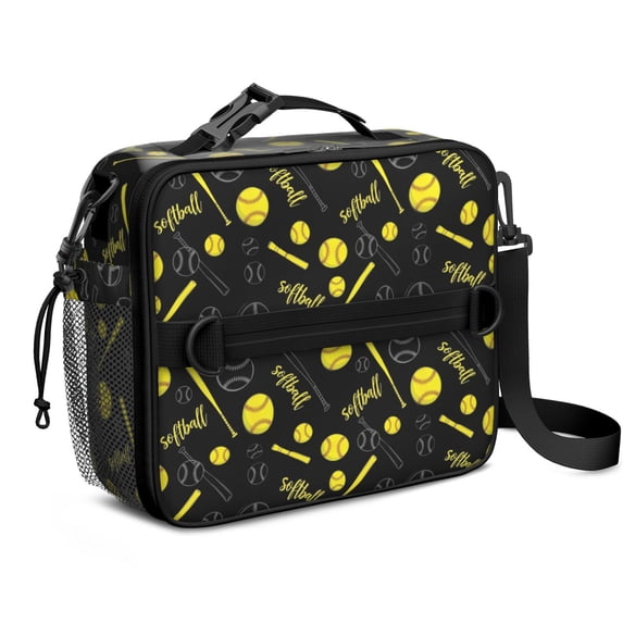 Softballs and Text Black Pattern Insulated Lunch Bag with Shoulder Strap and Bottle Holder,Bento School Lunch Bag Box,11x9.5x3.5 Inches