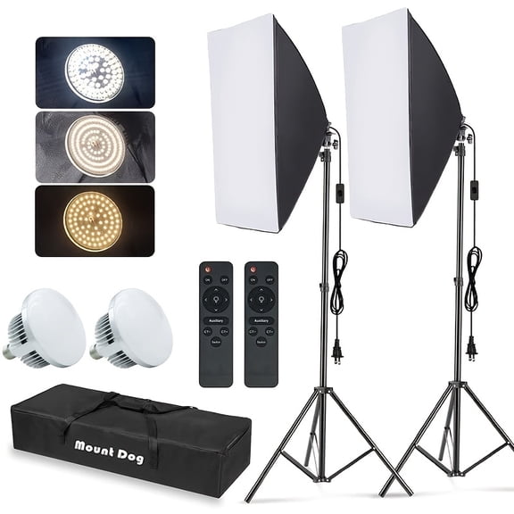 Softbox Lighting Kit, 2x19.7"x27.5" Photography Continuous Lighting System with 2x 85W, 5700K E27 Socket LED Bulbs and Remote Control for Portrait and Product Fashion Photography
