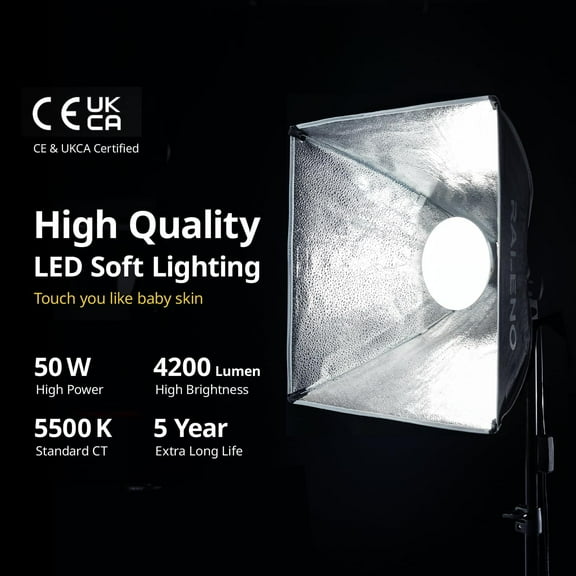 Softbox Photography Lighting Kit, 16'' x 16'' Softbox Lighting for TikTok with LED Bulb (50W | 5500K | 97 CRI | TLCI97), Continuous Light for Video Recording & Photography Shooting