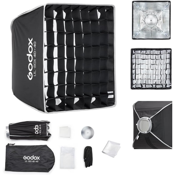 Softbox UL-40x40 15.7"x15.7" Square Softbox, Quick-Release Umbrella Design Bowens Mount with Grid & Deflector, for LED Video & Photography Lighting