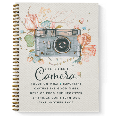 Softcover Camera 8.5" x 11" Motivational Spiral Notebook/Journal, 120 College Ruled Pages, Durable Gloss Laminated Cover, Gold Wire-o Spiral. Made in the USA