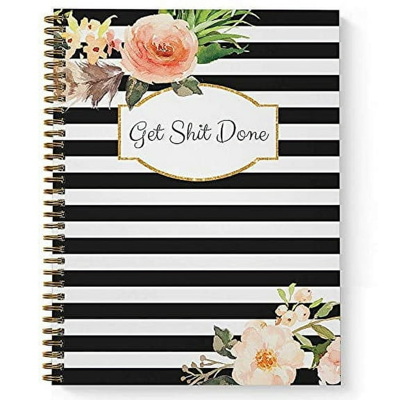 Softcover Classic Floral Get Stuff Done 8.5" x 11" Motivational Spiral Notebook/Journal, 120 Checklist Pages, Durable Gloss Laminated Cover, Gold Wire-o Spiral.