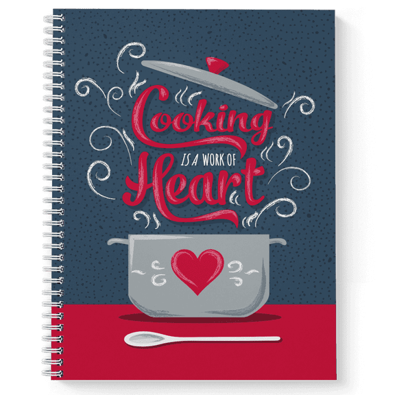 Softcover Cooking With Heart 8.5" x 11" Recipe Spiral Notebook/Journal, 120 Recipe Pages, Durable Gloss Laminated Cover, white Wire-o Spiral. Made in the USA
