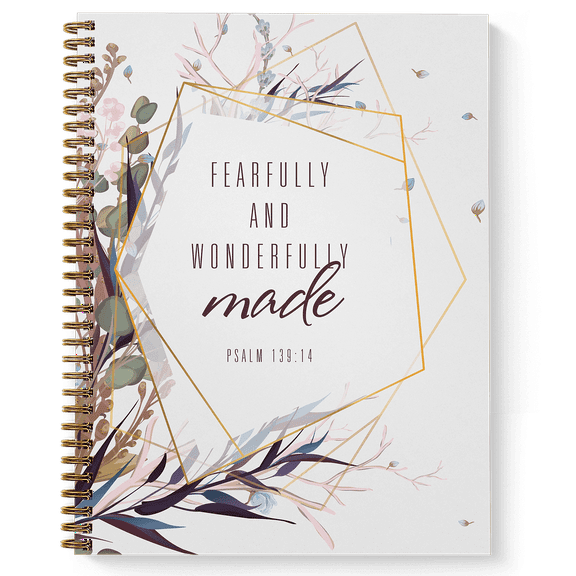 Softcover Wonderfully Made 8.5" x 11" Religious Spiral Notebook/Journal, 120 College Ruled Pages, Durable Gloss Laminated Cover, Gold Wire-o Spiral. Made in the USA
