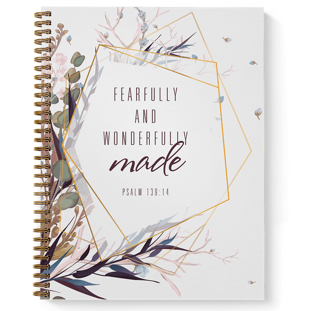"Wonderfully Made 8.5"" x 11"" Softcover Religious Journal, 120 Pages, Gold Spiral, Made in USA