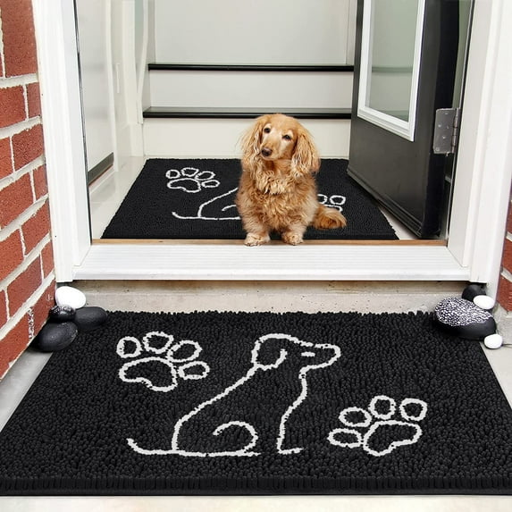 Softlife Chenille Dog Doormats Indoor Entrance,Pet Indoor Door Mats Washable for Mud Entry Indoor Doormat With Dog Paws Prints,24"x36",Black
