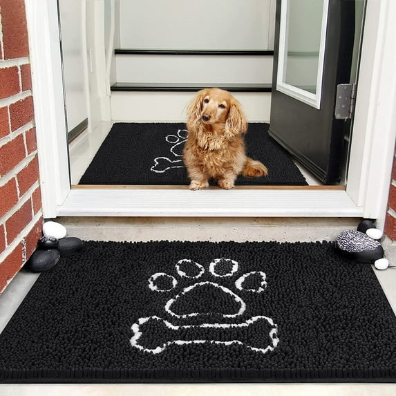 Softlife Chenille Dog Doormats Indoor Entrance,Pet Indoor Door Mats Washable for Mud Entry Indoor Doormat With Dog Paws Prints,24"x36",Black