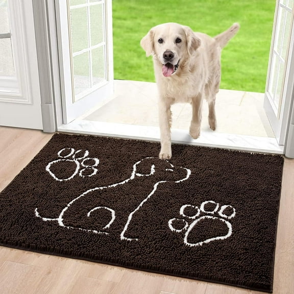 Softlife Chenille Dog Doormats Indoor Entrance,Pet Indoor Door Mats Washable for Mud Entry Indoor Doormat With Dog Paws Prints,24"x36",Coffee