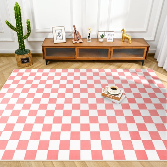 Softlife Classic Milk Flannel Checkered Rug for Living Room, 4' x 6', Pink & White