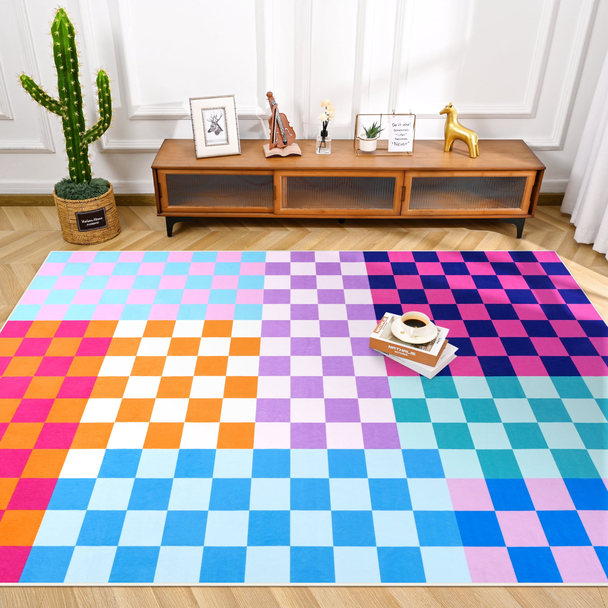 Flenno Rug Softlife Classic Milk Flannel Checkered Rug for Living Room, 5' x 8 ...