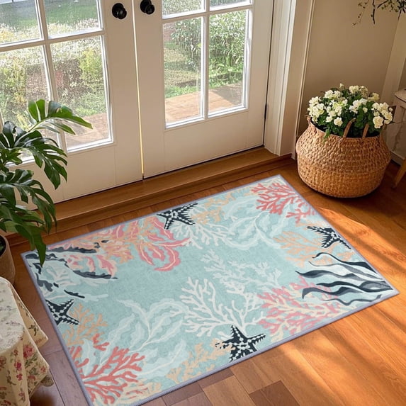 Softlife Cute Coastal Nautical & Beach Coral Starfish Area Rug Carpet,2' x 3',Blue