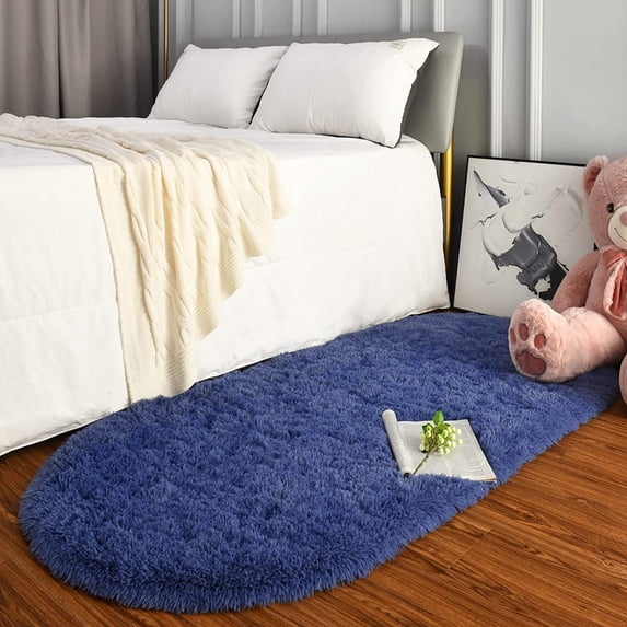 Softlife Cute Fluffy Oval Rug for Bedroom Soft Carpet, 2.6' x 5.3' , Light Navy