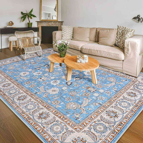 Softlife Elegant Boho Low Pile Rug Ultra Non-Slip Machine Washable Easy to Clean,8'x10',Blue