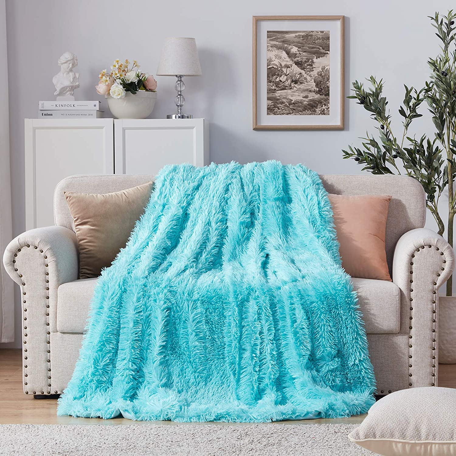 Softlife Plush Fuzzy Furry Blue Throw Blanket, Extra Soft with