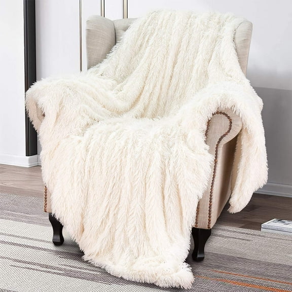 Softlife Extra Soft Faux Fur Throw Blanket with Sherpa Warm Underside, 60"x80" , Cream White