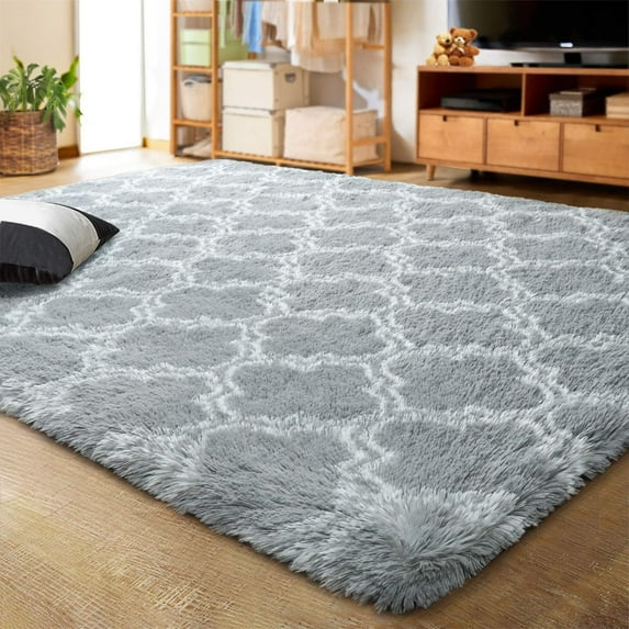 Softlife Fluffy Bedroom Rug Super Soft Velvet Shaggy Plush Carpets,Shag Moroccan Area Rugs for Kids Girls Living Room Bedroom,4' x 6',Light Gray/White