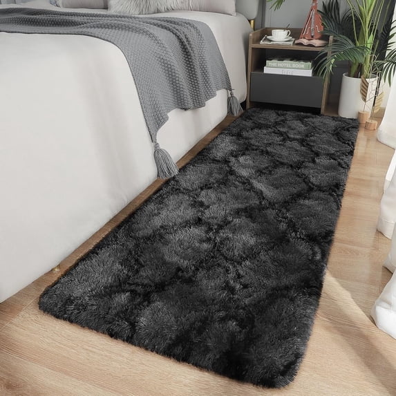 Softlife Fluffy Bedroom Rug Super Soft Velvet Shaggy Plush Carpets,Shag Moroccan Area Rugs for Kids Girls Living Room Bedroom,2' x 6',Dark Gray/Black
