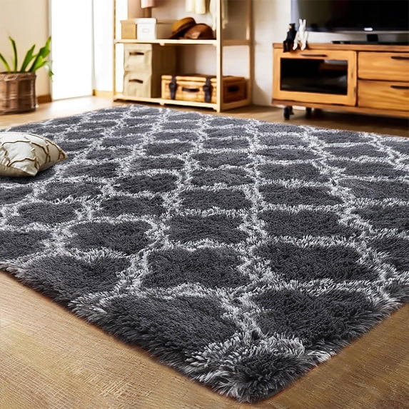 Softlife Fluffy Bedroom Rug Super Soft Velvet Shaggy Plush Carpets,Shag Moroccan Area Rugs for Kids Girls Living Room Bedroom,6' x 9',Dark Gray/White