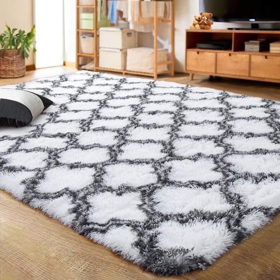 Softlife Fluffy Bedroom Rug Soft Velvet Shaggy Plush Carpets,Shag Moroccan Area Rugs for Kids Girls Living Room Bedroom,8' x 10',White/Black