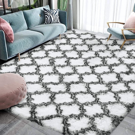 Softlife Fluffy Moroccan Kid Rug for Girl Room Super Soft for Bedroom Velvet Plush Carpets Shag Area Rugs for Living Room Decor,4' x 6',White/Black