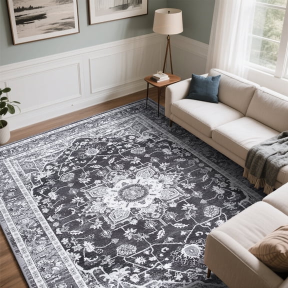 Softlife Gray Persian Medallion Area Rug Low Pile Non Slip Oriental Carpet for Living Room, 4' x 6'