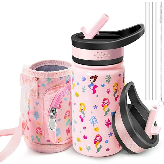 Softlife Insulated Kids Water Bottle With Hand Bag,Double Wall Vacuum Stainless Steel Girls School Leakproof Thermos Water Bottle,Portable Kids Cup For Travel Sports Camping,14Oz,Mermaid Pattern