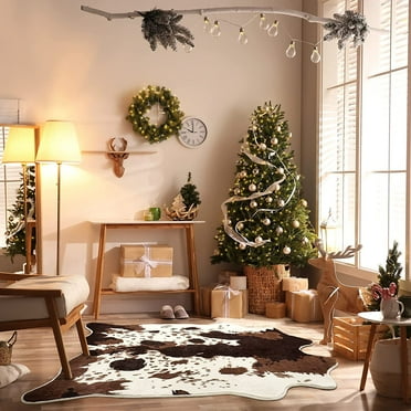 Softlife Luxury Faux Cowhide Rug Cow Rugs For Living Room Bedrooms Soft Animal Print Carpet,4.6'x5.2',Coffee