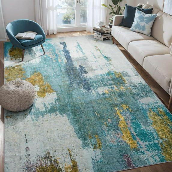 Softlife Modern Abstract Contemporary Faux Wool Area Rug, 5' x 7', Blue