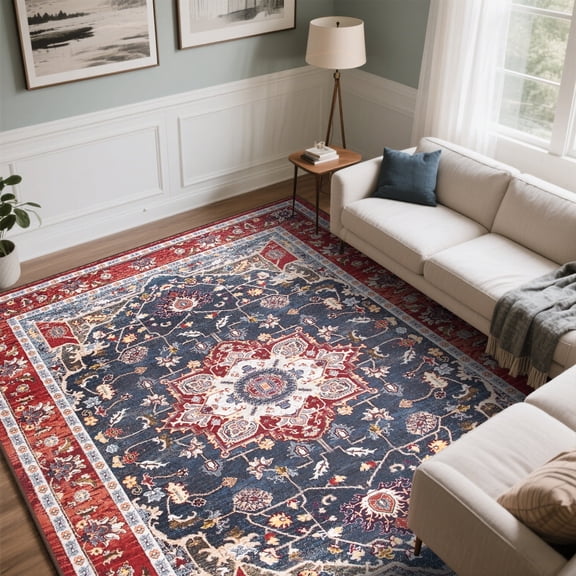 Softlife Navy Blue Persian Medallion Area Rug Low Pile Non Slip Oriental Carpet for Living Room, 4' x 6'