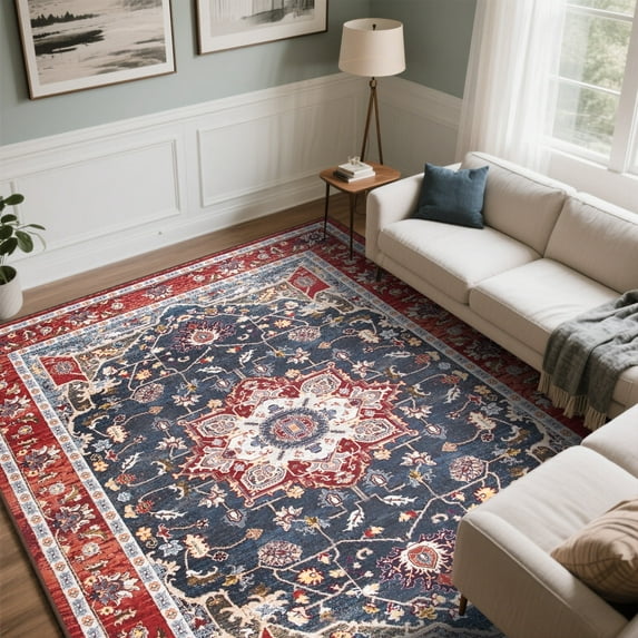 Softlife Navy Blue Persian Medallion Area Rug Low Pile Non Slip Oriental Carpet for Living Room, 5' x 8'