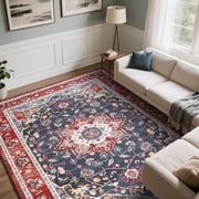 Softlife Navy Blue Persian Medallion Area Rug Low Pile Non Slip Oriental Carpet for Living Room, 5 x 8