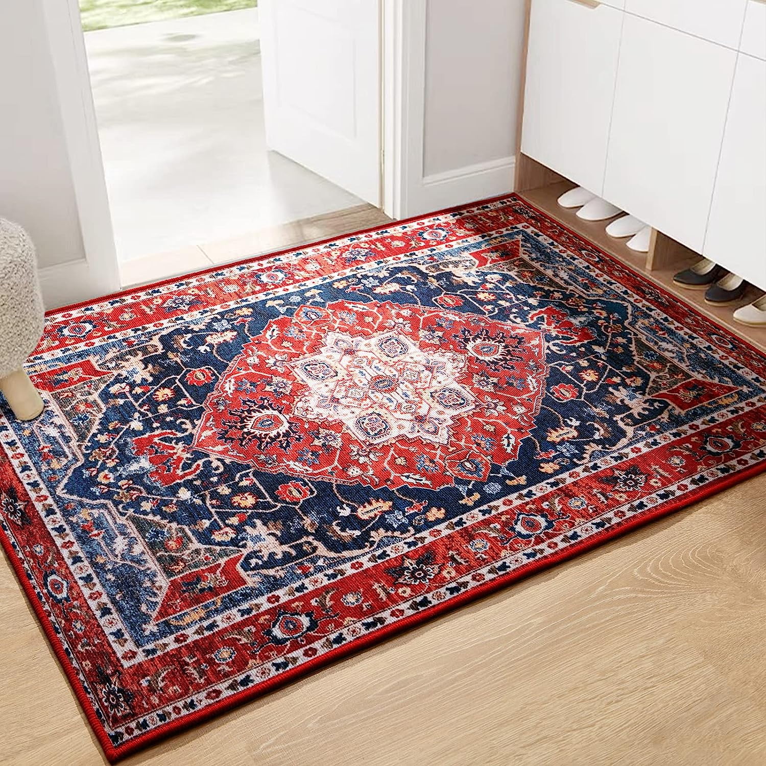 Red Navy Persian Style Traditional Rug Non Slip Machine Washable