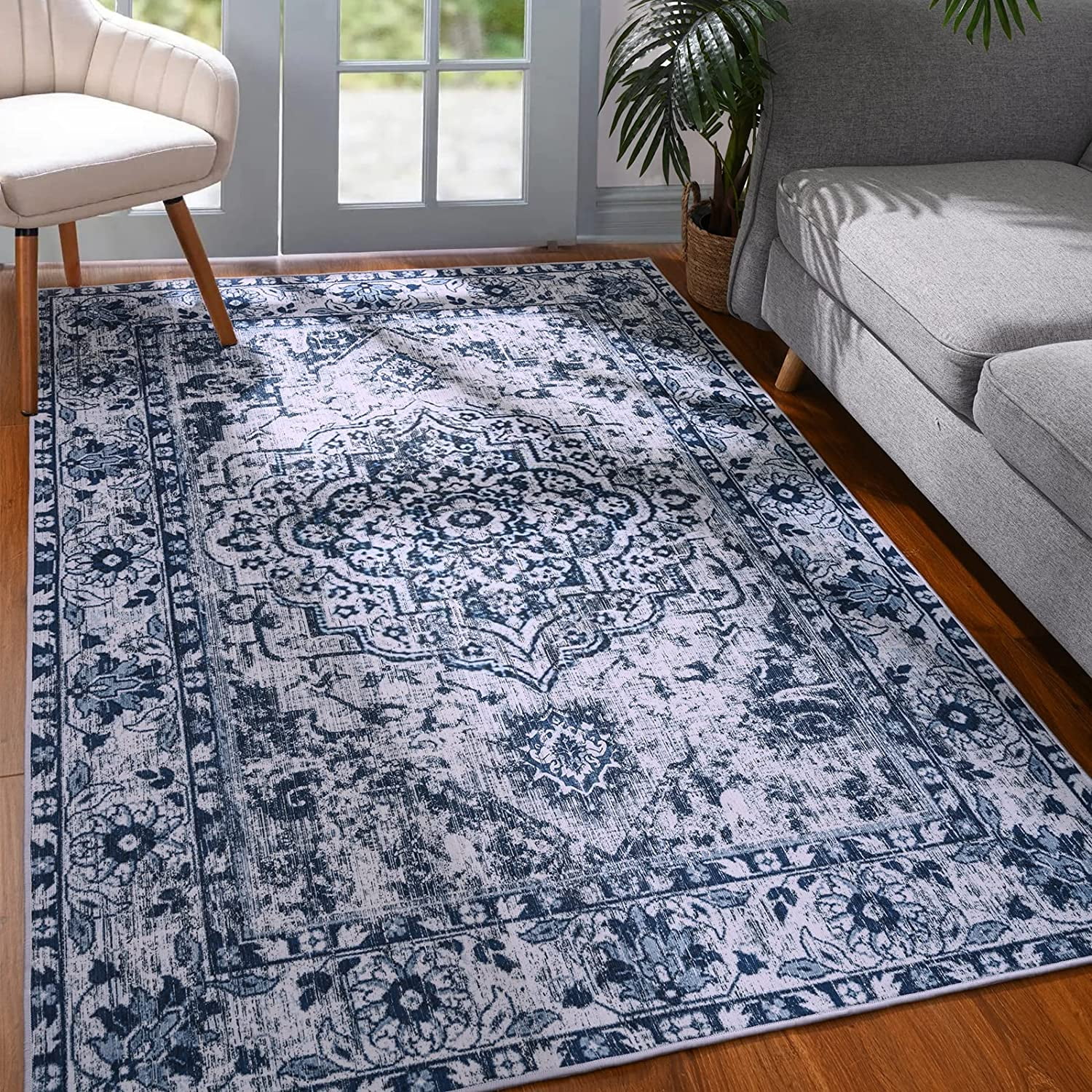 4' x 6' Grey Charcoal Gold Brown Ivory Pale Sage and Light Blue Oriental Printed Stain Resistant Non Skid Area Rug