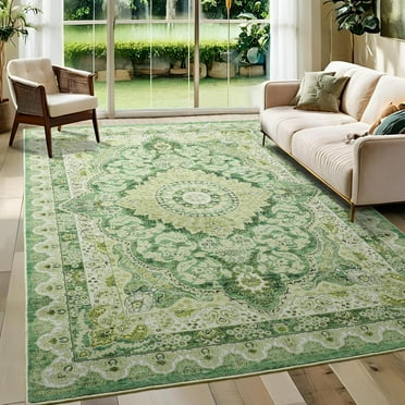 Softlife Retro Distressed Medallion Faux Wool Area Rug, 5' x 7', Green